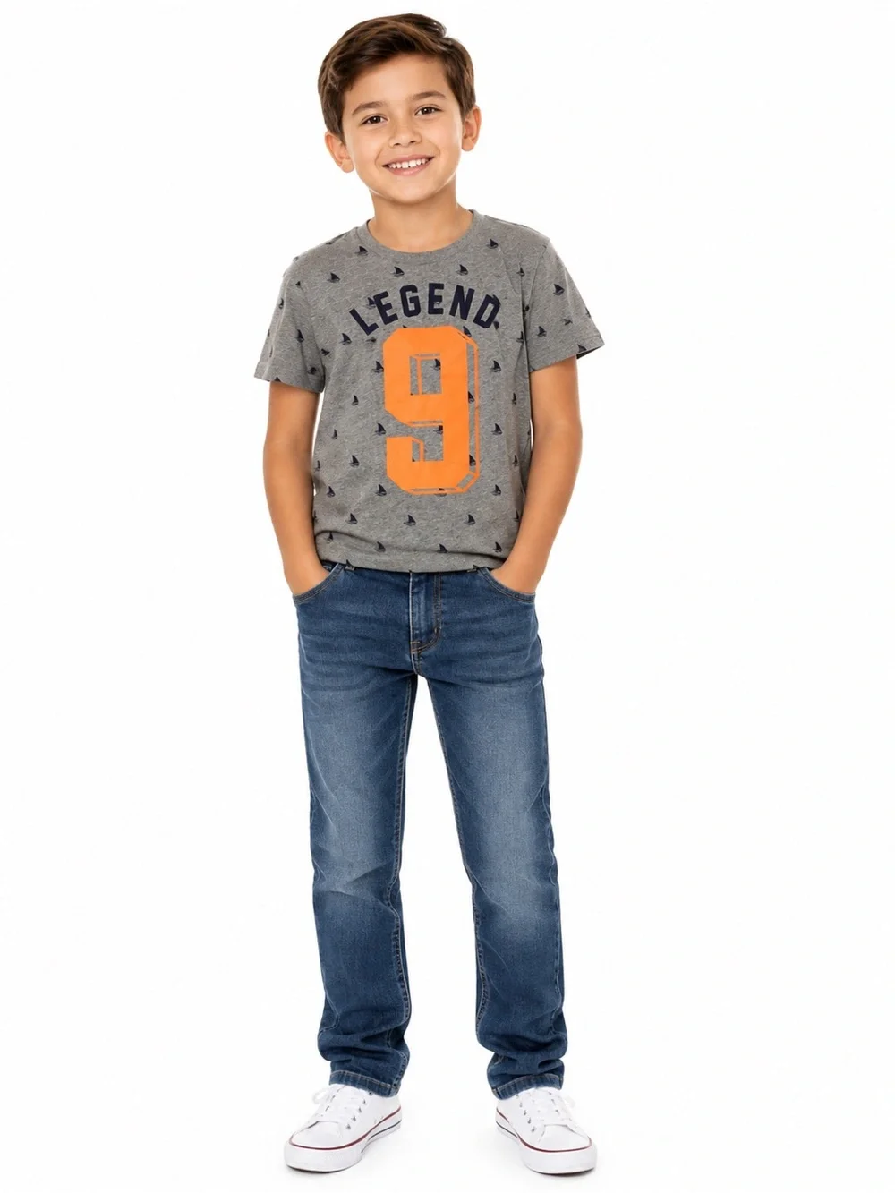 Grey 'Legend 9' Graphic Tee with Orange Number - 0882